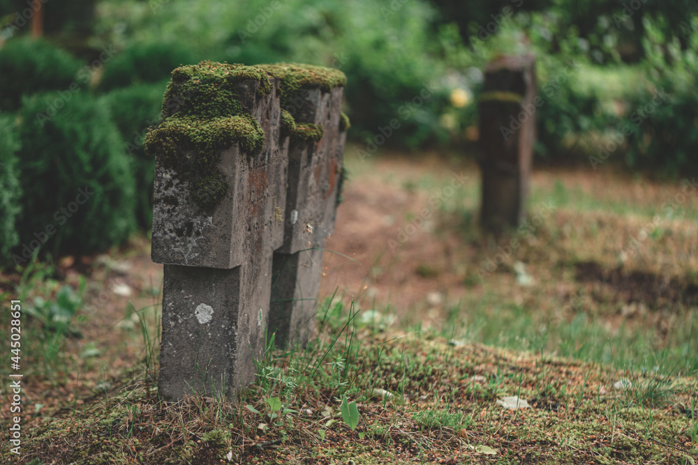 crosses for world war first german souldiers in latvian countryside cemetery, three sandstone, granite or cement crosses for memory of heroes crosses for world war first german souldiers in latvian countryside cemetery, three sandstone, granite or cement crosses for memory of heroes