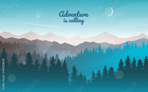 Sunset, sunrise, night, morning in mountains. Hiking tourism. Adventure. Abstract mountain landscape. Vector banner with polygonal landscape illustration. Minimalist style background. Flat design.