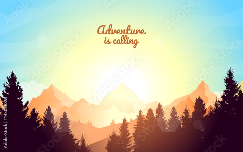 Sunset, sunrise, morning in mountains. Hiking tourism. Adventure. Abstract mountain landscape. Vector banner with polygonal landscape illustration. Minimalist style background. Flat design.