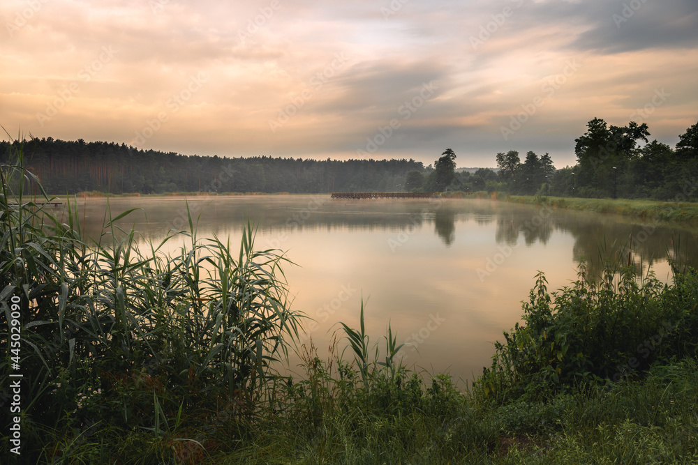 Beautiful sunrise at lake surrounded by forest in Krasnobród, Roztocze, Poland. Beautiful sunrise at lake surrounded by forest in Krasnobród, Roztocze, Poland.