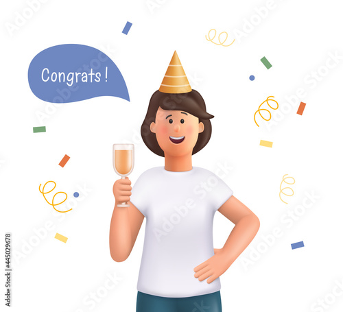 Young woman Jane celebrating holiday with colorful confetti and champagne. Сongratulations and having fun. 3d vector people character illustration.
