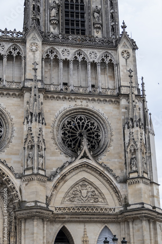 Architectural fragments of Gothic style Roman Catholic Cathedral of Sainte-Croix dominates in Orleans city Centre. Construction of Sainte-Croix started in 1287, inaugurated in 1829. Orleans, France.