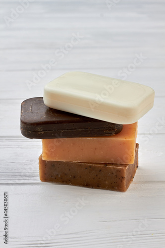Stack of handmande craft soap bars for spa treatment. photo