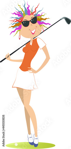 Young golfer woman on the golf course illustration.
Pretty smiling golfer woman in sunglasses with a golf club isolated on white
