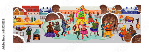 
Russian folk art vector. Russian festivities in the city for the Maslenitsa holiday: ice skating, dancing around a straw effigy, a feast with pancakes.