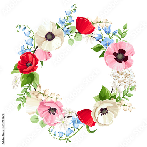 Vector floral wreath with red, pink, blue and white poppy, bluebell, lilac and lily-of-the-valley flowers. Floral circle frame. Greeting or invitation card design.