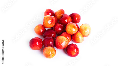 Cherry isolated on a white background. Sweet cherry berries on a white background. Red berries are isolated. Yellow cherry.