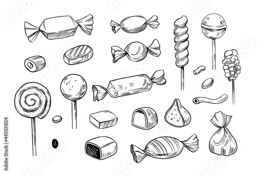 Set of candy, vector doodle illustration. Chocolate candies, lollipops, marshmallow, lozenges, marmalade, dragee, drops.