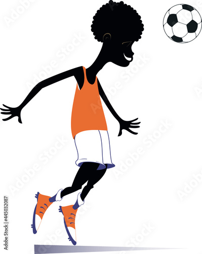 Smiling young African man playing football illustration. Cartoon black football player beats a football by head isolated on white
