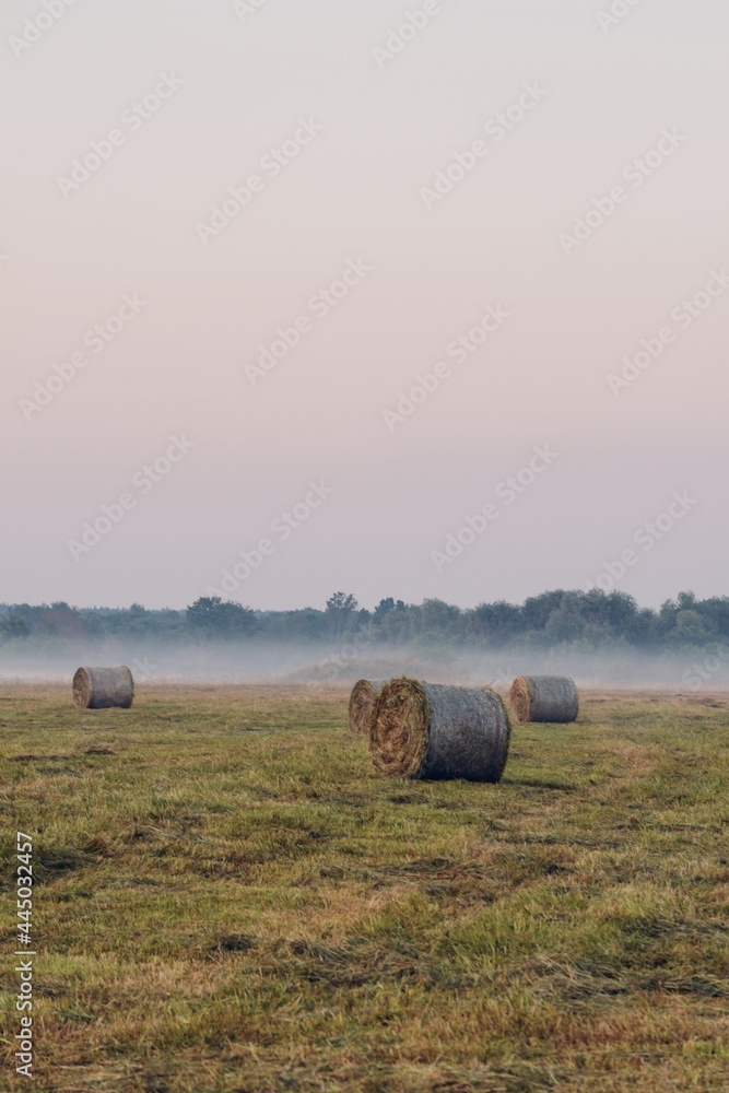 Hay Bales On Field Against Sky During Sunrise стога, тюки сена в поле на рассвете