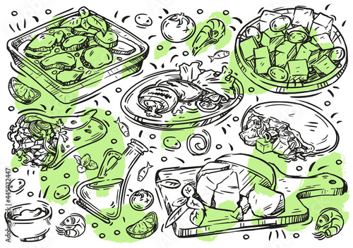 Hand drawn line vector illustration food. Doodle Greek cuisine on white board: olives and olive oil, moussaka, grilled meat, gyros, souvlaki, hummus, cheese, greek salad, sauce