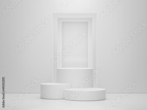 3d render of minimal display podium design for mock up and product presentation. Pedestal stage with white marble color scene. Trendy design for mock up and web banner.