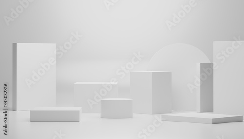 3d render of minimal display podium design for mock up and product presentation. Pedestal stage with white marble color scene. Trendy design for mock up and web banner.