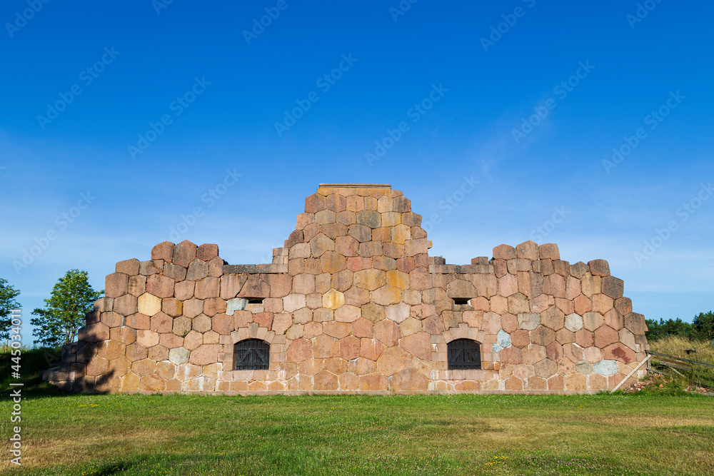 Front view of the ruins of the fortress of Bomarsund in Åland Islands, Finland, on a sunny morning in the summer.