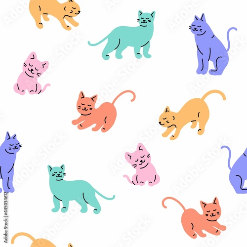 Seamless Pattern of trendy Cartoon Cat Design on white Background
