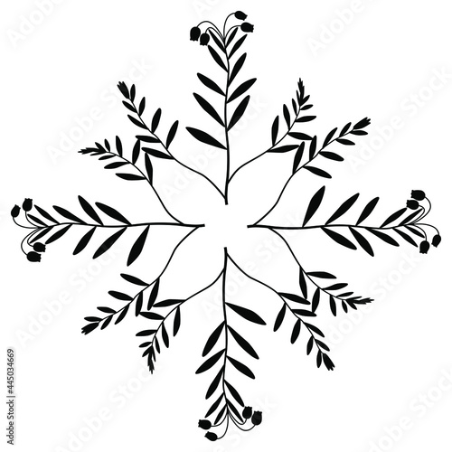 Square floral rhombus design. Cross made of blooming branches of bog rosemary plant. Andromeda Polyfolia. Black silhouette on white background.	