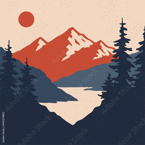 Vintage mountain landscape with sun, mountains and forest. 