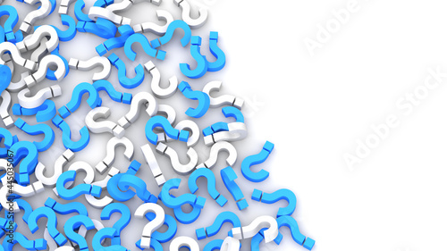 Blue and white question marks background with empty copy space on right side, FAQ Concept. 3D Rendering