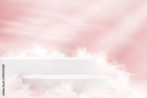 Minimalistic background with white podiums in the clouds in pink. Empty showcase pedestals for product demonstration.
