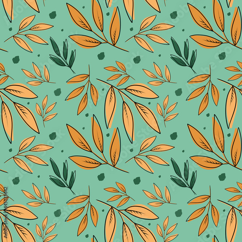 Seamless pattern with leaves of orange tones and green dots on a mint background. Pattern for fabric, various products, etc.