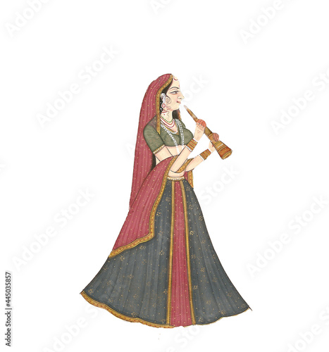 Illustration of an Indian woman in traditional Indian clothing playing a shehnai photo