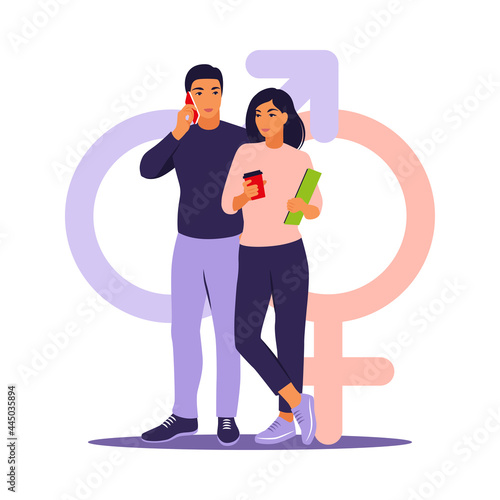Gender equality concept. Men and women character on the scales for gender equality. Vector illustration. Flat.