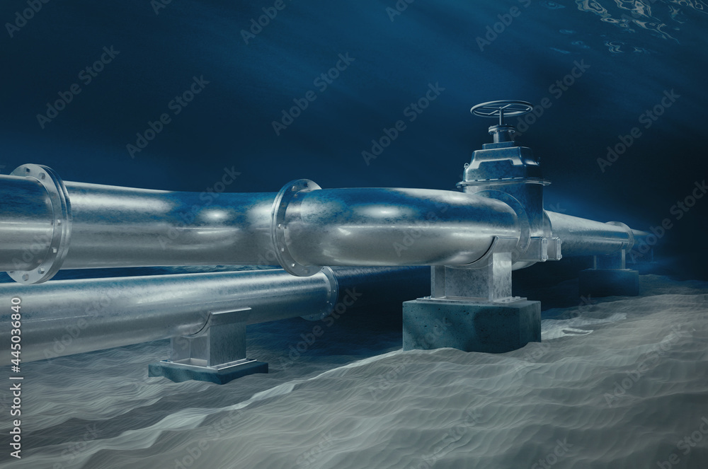 A metal gas pipeline on ocean bottom underwater. 3D illustration of the ...