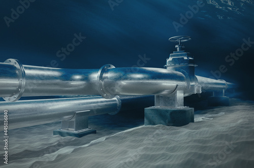 A metal gas pipeline on ocean bottom underwater. 3D illustration of the pipes with the valve lying under water. 3D rendering. photo