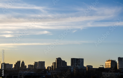 Cityscape skyline of Kyiv downtown area during sunset Twilight over urban district. Ukraine © Dmytro