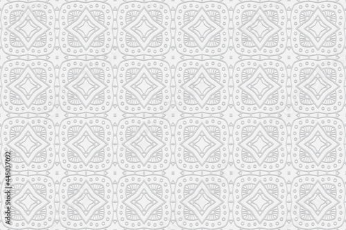 3D volumetric convex embossed white background. Ethnic Arabic geometric pattern with handmade elements. Beautiful ornament for design and decor, textiles, wallpapers, presentations, business cards.
