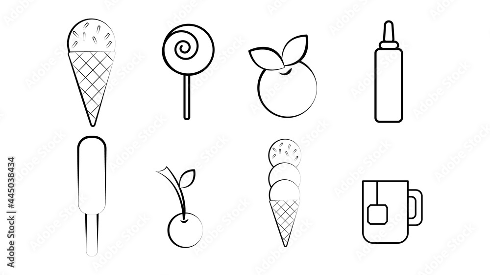 Black and white set of eight icons of delicious food and snacks items for a cafe bar restaurant on a white background: ice cream, candy, berry, ketchup, cherry, tea Black and white set of eight icons of delicious food and snacks items for a cafe bar restaurant on a white background: ice cream, candy, berry, ketchup, cherry, tea