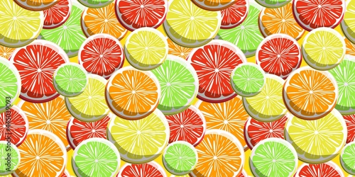 Citrus seamless pattern with grapefruit, orange, lemon and lime slices. Citrus background. For textile, paper, packaging, wallpaper. Vector pattern.