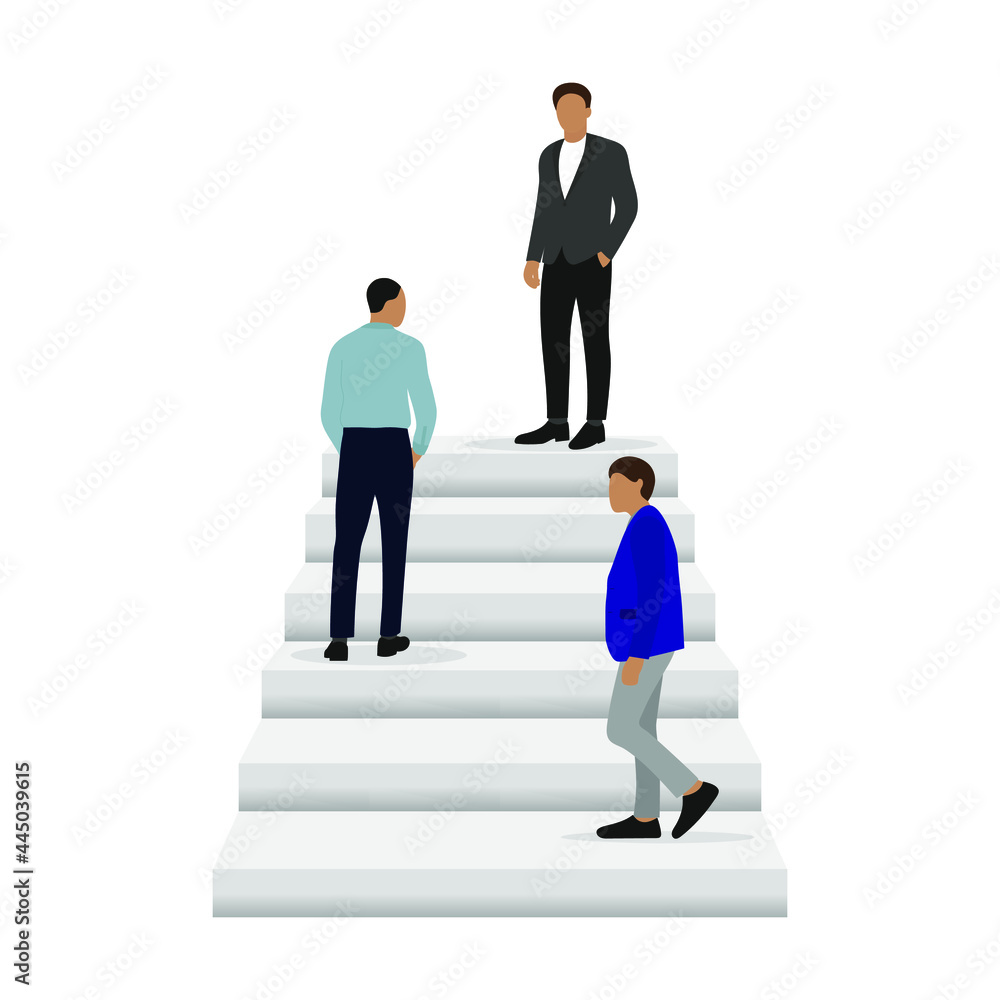Three male characters in business clothes stand on different steps of the stairs on a white background Three male characters in business clothes stand on different steps of the stairs on a white background