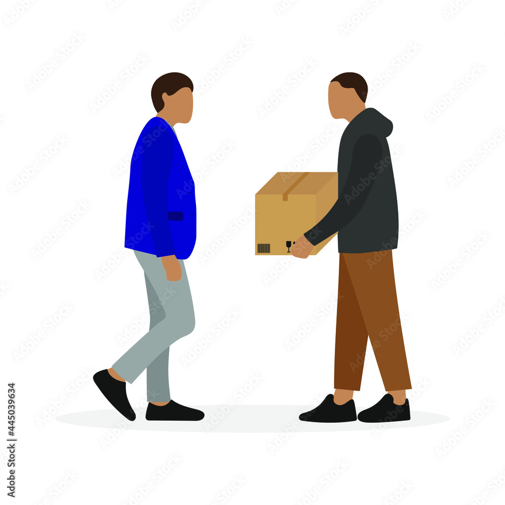 Two male characters, one of whom is holding a cardboard box, together on a white background Two male characters, one of whom is holding a cardboard box, together on a white background