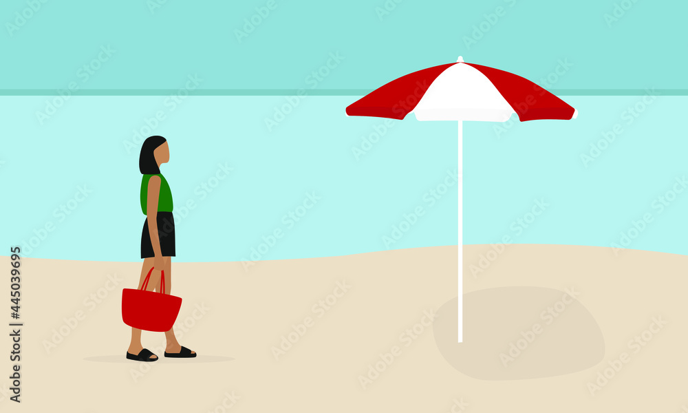 Young female character on the beach going to the sun umbrella