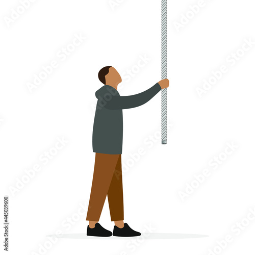 Male character holding a rope hanging from above, isolated on white background