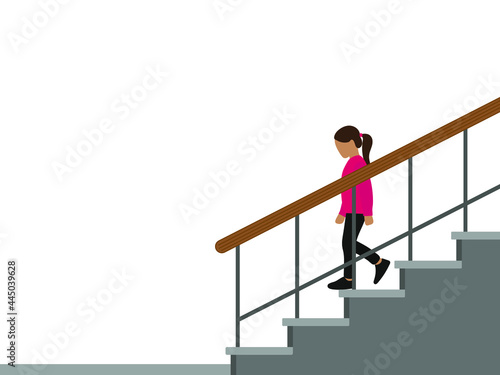 Little girl descends the stairs on a white background