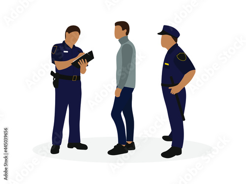 Two police officers and a male character together on a white background