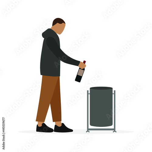 Male character throwing wine bottle in trash can on white background