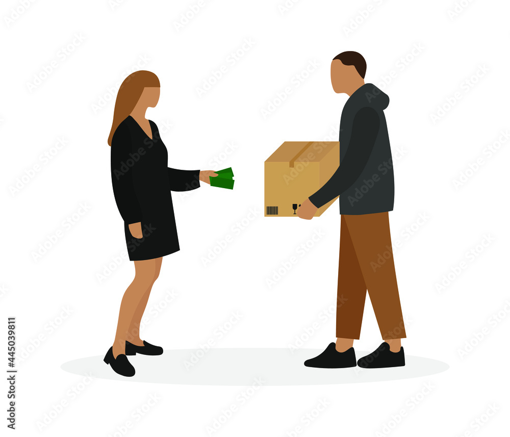 Female character giving money to male character with cardboard box in hands isolated on white background