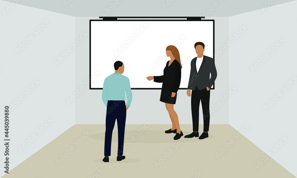 Female character and two male characters in the room by the screen hanging on the wall Female character and two male characters in the room by the screen hanging on the wall