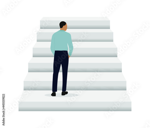 Male character in business attire stands on the bottom rung of a ladder on a white background