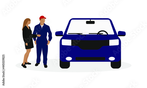 Car, male character in work overalls and female character together on a white background