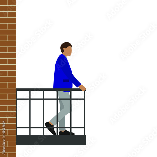 Male character is standing on a balcony and holding a handrail on a white background