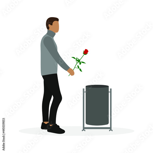 Male character throws out red rose in trash can on white background