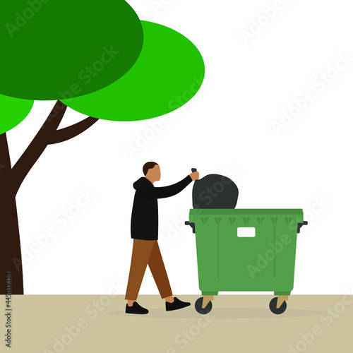 Male character throwing a garbage bag in a trash can on the street