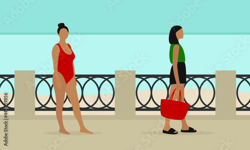Female character in swimsuit and female character in summer clothes on the waterfront