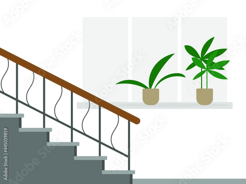 Empty staircase on the background of a white wall with a window and plants