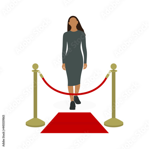 Female character walking towards red carpet and fence posts with red cord isolated on white background