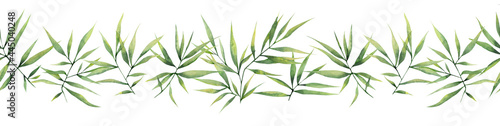 Watercolor seamless border with green branches and bamboo leaves on a white background. Botanical illustration for postcards, posters, banners, fabrics.